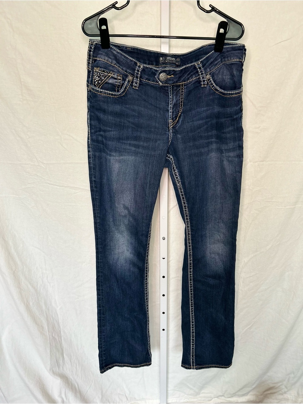 Silver Jeans Dark Blue Straight Leg Jeans with Studded Pocket